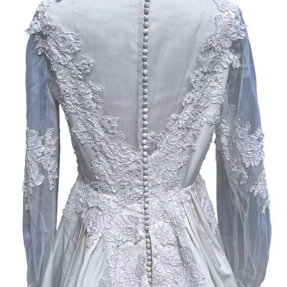 Vtg 70's Victorian Prarie Ivory Custom Bridal Dress Gown Train + Juliet Cap Veil - Picture 7 of 16